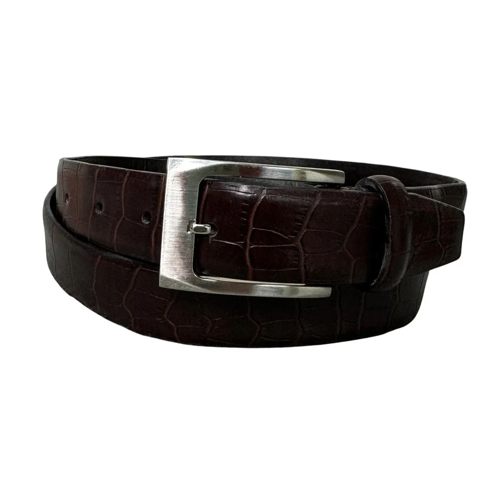 Mens Brown Crocodile Embossed Genuine Leather Belt Size 36 Silver Buckle A3012